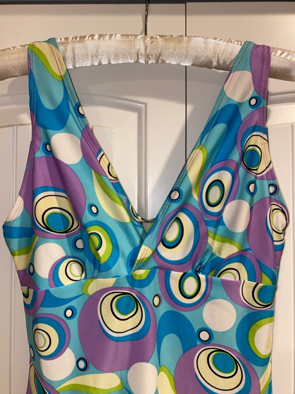 Retro Circle Print Swim Dress - Blue, Purple, Lime - Picture 2 of 10